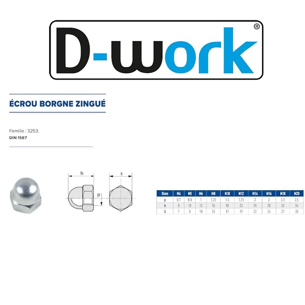 D-Work 50 Ecrous Borgnes M20 mm - DIN 1587 - Zingué blanc -