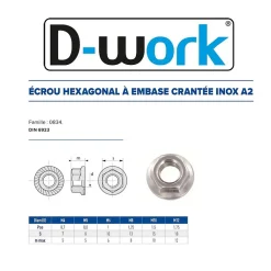 D-Work Écrou-200 Ecrous à Embase Crantée M6 mm - DIN 6923 - Inox A2 -
