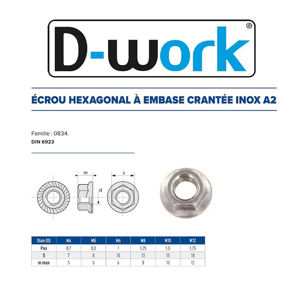 D-Work Écrou-200 Ecrous à Embase Crantée M6 mm - DIN 6923 - Inox A2 -