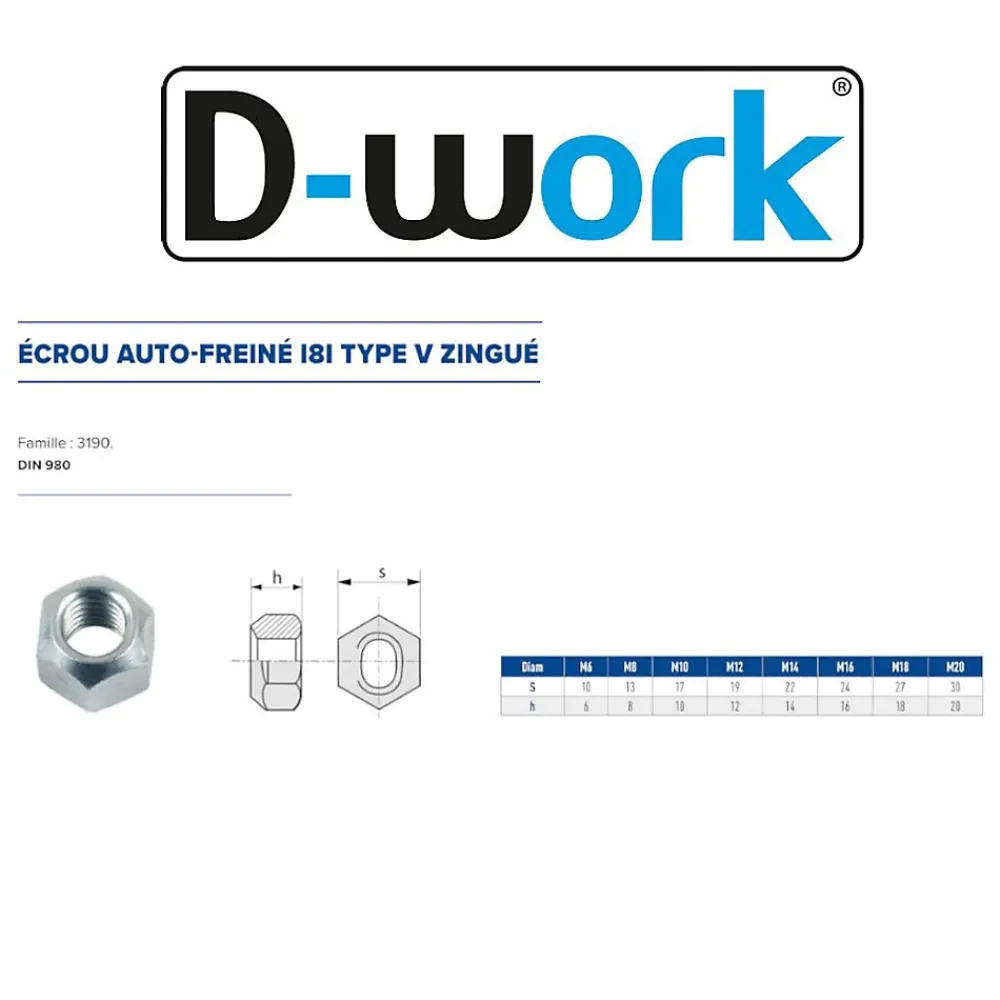 D-Work Écrou-100 Ecrous Freins Indésserrables M20 mm - DIN 980 - 8 - Zingué blanc -