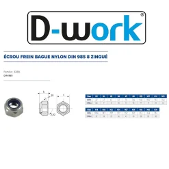 D-Work 100 Ecrous Freins Indésserrables Bague Nylon M10 mm - DIN 985 - I8I - Zingué blanc -