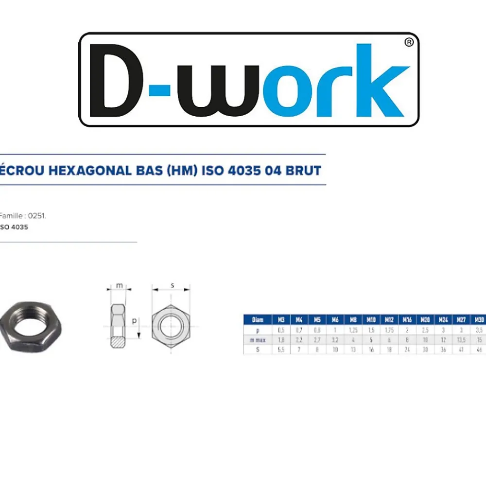D-Work 1000 Ecrous Hexagonaux Bas M4 mm - 4035 - 4 - Brut -