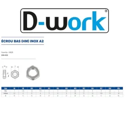 D-Work Écrou-100 Ecrous Hexagonaux Bas M10 mm - DIN 439 - Inox A2 -