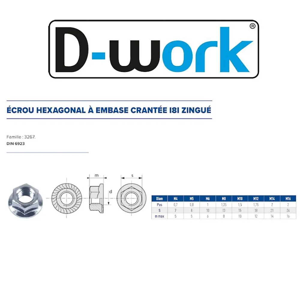 D-Work 200 Ecrous Hexagonaux à Embase Crantée M6 mm - DIN 6923 - 8 - Zingué blanc -