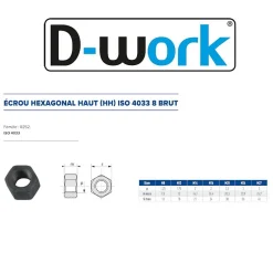 D-Work 25 Ecrous Hexagonaux Haut H Egale D M24 mm - 4033 - 9 - Brut -