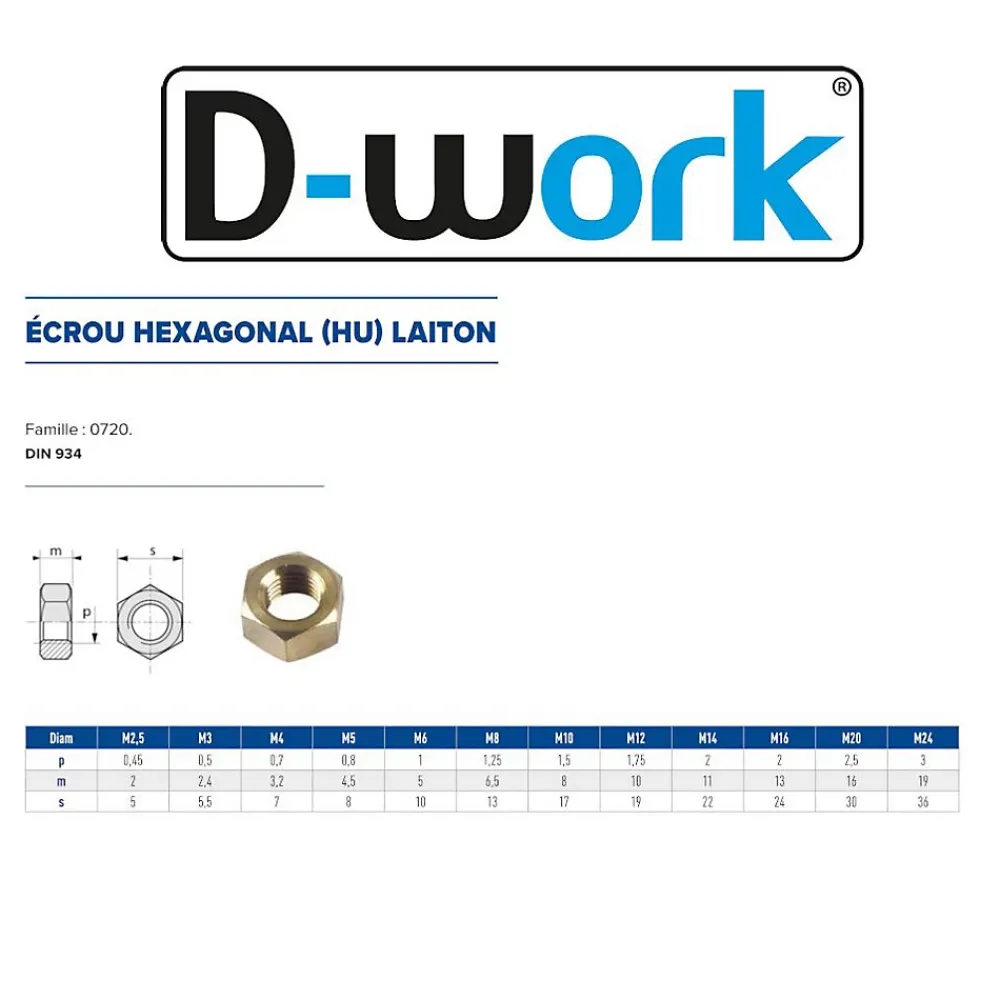 D-Work Écrou-200 Ecrous Hexagonaux HU M5 mm - DIN 934 - Laiton -
