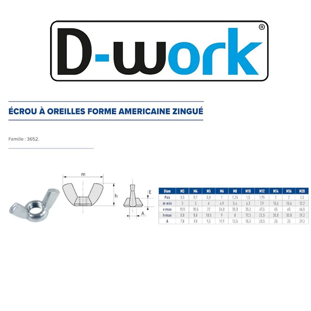 D-Work 200 Ecrous à Oreilles Forme Américaine M6 mm - Zingué blanc -