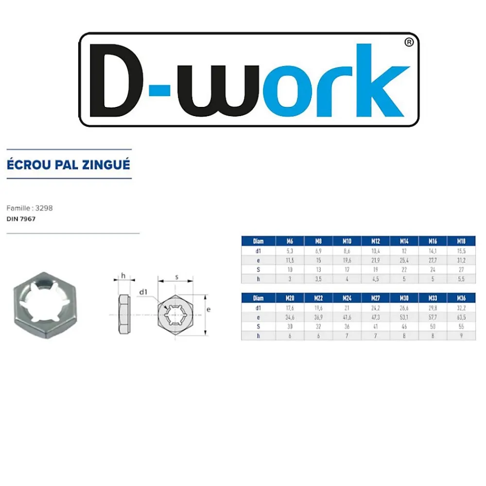 D-Work Écrou-100 Ecrous PAL Autofreinés à Effet Ressort M20 mm - DIN 7967 - Zingué blanc -