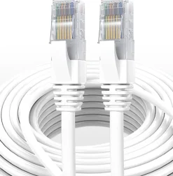 Elfcam-shop Câble Et Connectique Réseau-Elfcam - Câble Ethernet RJ45 Cat 7 SFTP 0.5m (Rond Blanc), 10Gbps, 600MHz, Cuivre, Anti-Interférences