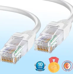 Elfcam-shop Câble Et Connectique Réseau-Elfcam - Câble Ethernet RJ45 Cat 7 SFTP 15m (Rond Blanc), 10Gbps, 600MHz, Cuivre, Anti-Interférences