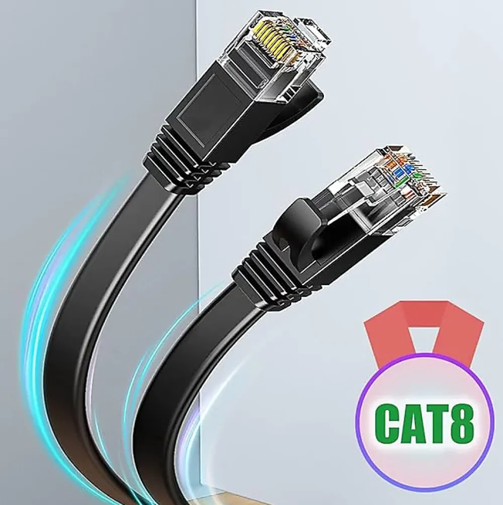 Elfcam-shop Câble Et Connectique Réseau-Elfcam - 3m Câble Ethernet Cat 8 Plat Noir LAN/WAN, SFTP 28AWG, 2000MHz 40Gbps avec Connecteurs RJ45 Haute Qualité