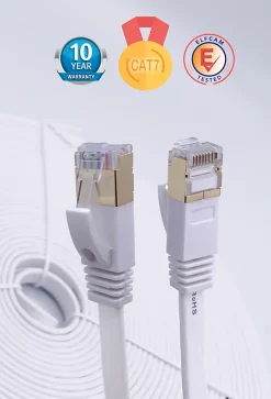 Elfcam-shop Elfcam - 20m Câble Ethernet RJ45 Cat7 Flat Blanc, 10Gbps 600MHz, Cuivre, SFTP, Anti-Bruit, PC, Modem, Routeur