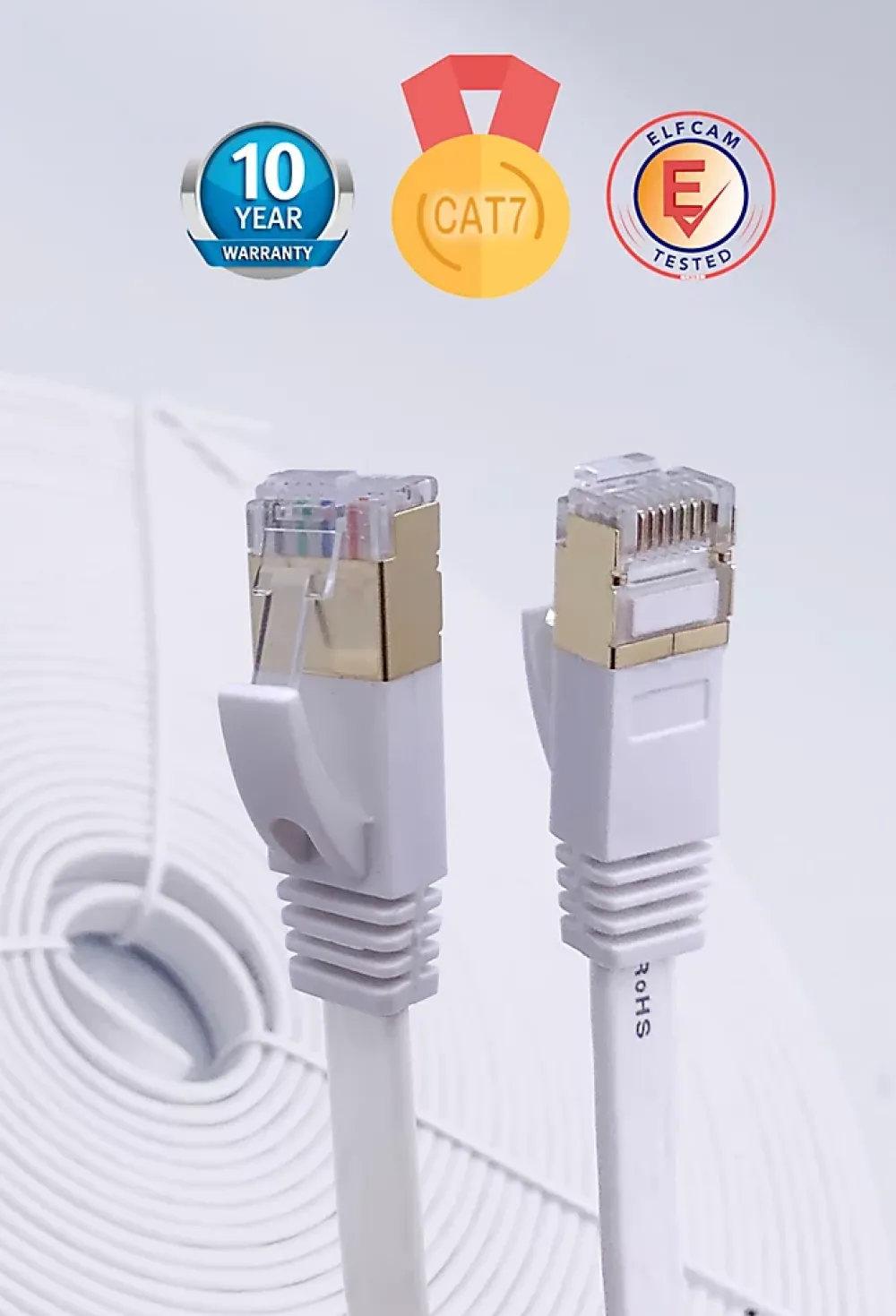Elfcam-shop Câble Et Connectique Réseau-Elfcam - 12m Câble Ethernet RJ45 Cat7 Flat Blanc, 10Gbps 600MHz, Cuivre, SFTP, Anti-Bruit, PC, Modem, Routeur