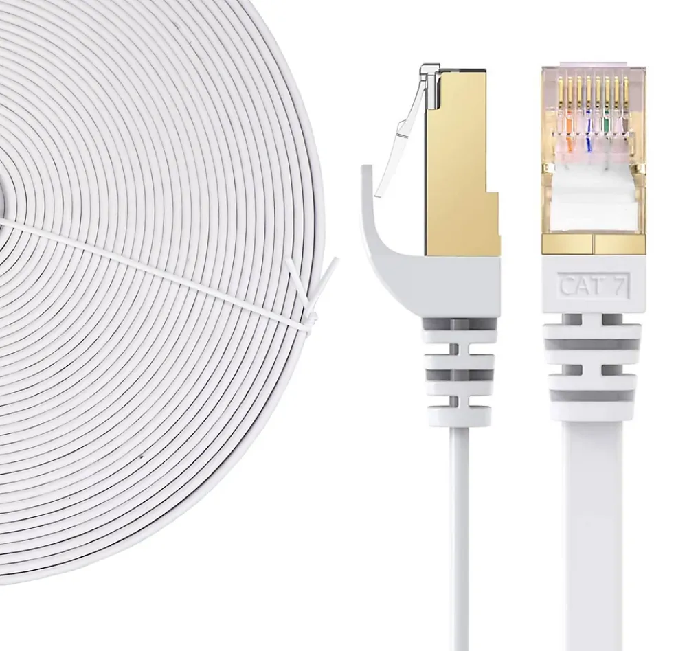 Elfcam-shop Câble Et Connectique Réseau-Elfcam - 12m Câble Ethernet RJ45 Cat7 Flat Blanc, 10Gbps 600MHz, Cuivre, SFTP, Anti-Bruit, PC, Modem, Routeur