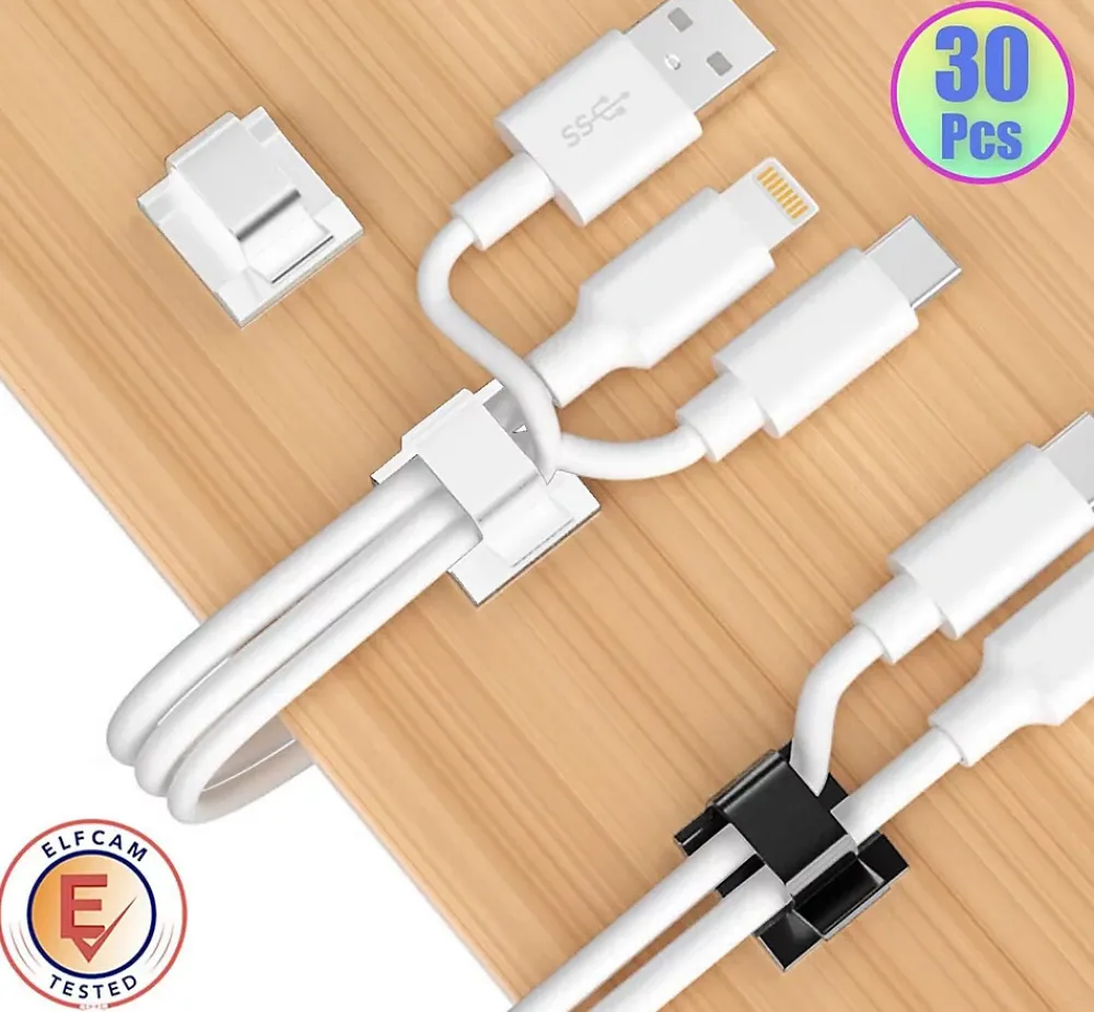 Elfcam-shop Elfcam - 30x Clips Câble Adhésif Ethernet, Blanc 8.0mm, Maison/Bureau, Attache Fil (Lot de 30)