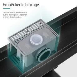EMKE Evacuation De Douche-Caniveau de Douche 50 cm, Acier Inox, Siphon de Sol 2 en 1 avec Filtre à Cheveux, Finition Noire Élégante