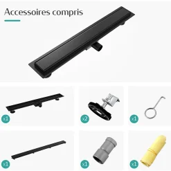 EMKE Evacuation De Douche-Caniveau de Douche 70 cm, Acier Inoxydable, Siphon de Sol 2 en 1 avec Filtre à Cheveux, Finition Noire