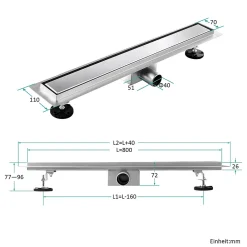 EMKE Siphon de douche linéaire, 80x7 cm, inox brossé SUS304, double installation