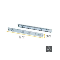 Emuca Lot de 5 jeux de glissières de tiroirs, roulement à billes, hauteur 45mm, profondeur 500mm, sortie totale, zingué