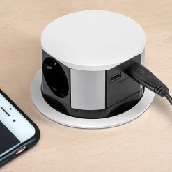 Emuca Boîte De Dérivation-Multiconnecteur Vertikal Push diamètre 100mm, 3 prises de type Schuko, 1 USB type A, 1 USB type C, Acier et Plastique, Peint
