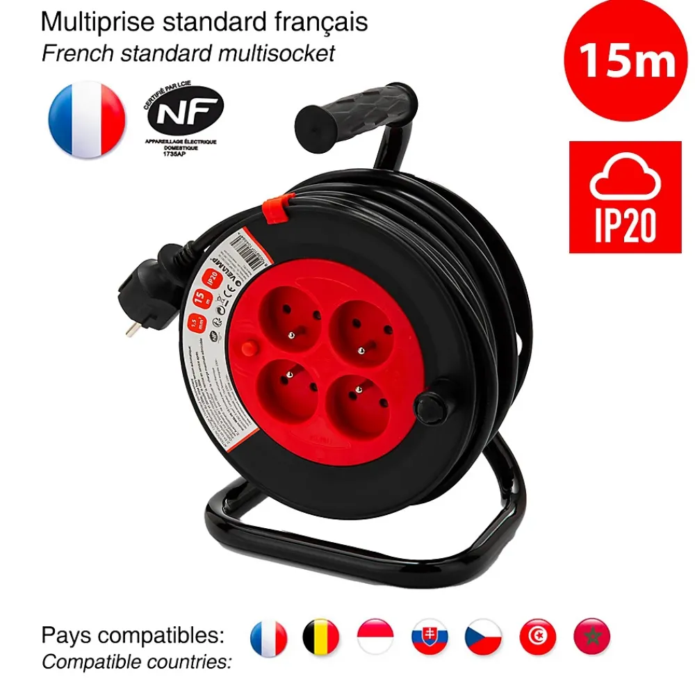 Velamp Enrouleur Électrique-Enrouleur bricolage, 4 prises, 15 mètres, 3G1.5mm2, NF