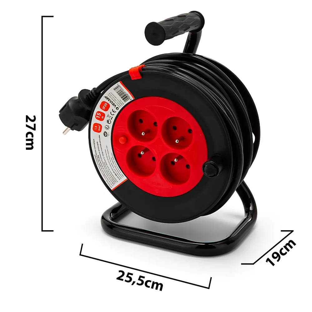 Velamp Enrouleur Électrique-Enrouleur bricolage, 4 prises, 15 mètres, 3G1.5mm2, NF