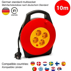 Velamp Enrouleur de câble domestique 4 prises Schuko standards, câble H05VV-F3G1.0MM2, 10M ,CE