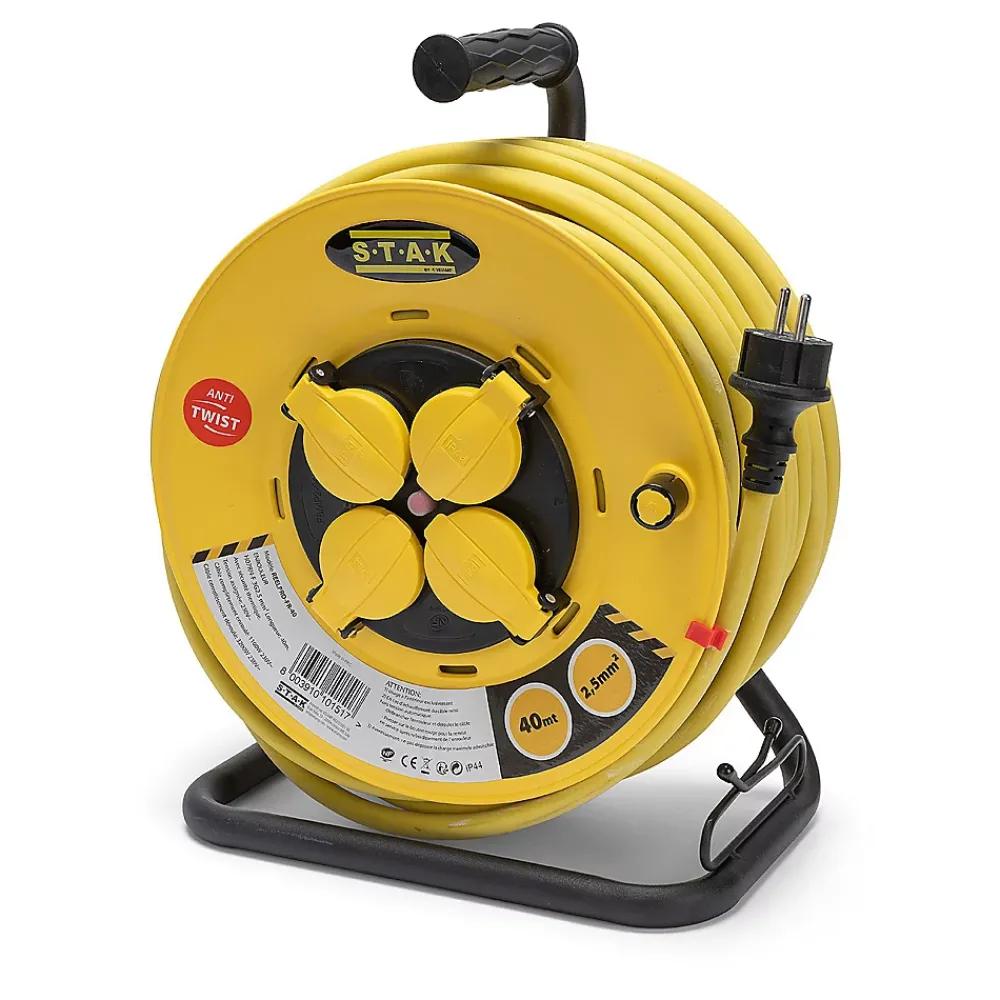 Velamp Enrouleur de chantier, 4 prises, 3G2.5, 40 mètres , NF, IP44. Platine fixe et guide cable