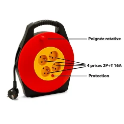 Velamp Enrouleur Électrique-Enrouleur électrique domestique 10m, H05VV-F3G1.0MM2, 4 prises françaises 2P+T 16A, NF, CE