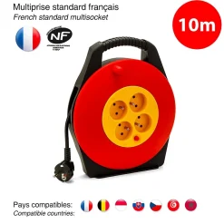 Velamp Enrouleur Électrique-Enrouleur électrique domestique 10m, H05VV-F3G1.0MM2, 4 prises françaises 2P+T 16A, NF, CE