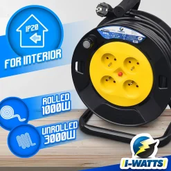 I-Watts Pro Enrouleur électrique 25m - 4 prises, Protection Enfant, Câble H05VV-F 3G1.5mm²