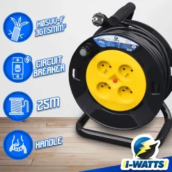 I-Watts Pro Enrouleur électrique 25m - 4 prises, Protection Enfant, Câble H05VV-F 3G1.5mm²