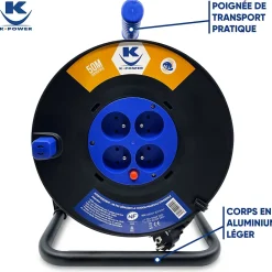 Keli France Enrouleur M 3G1.5 IP20 avec 4 Prises à Clapet, Robuste et Idéal pour Usage Intensif en Intérieur