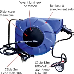 Arcotec Enrouleur mural auto 15m 3G1.5 avec voyant + disjoncteur thermique - garantie 2 ans