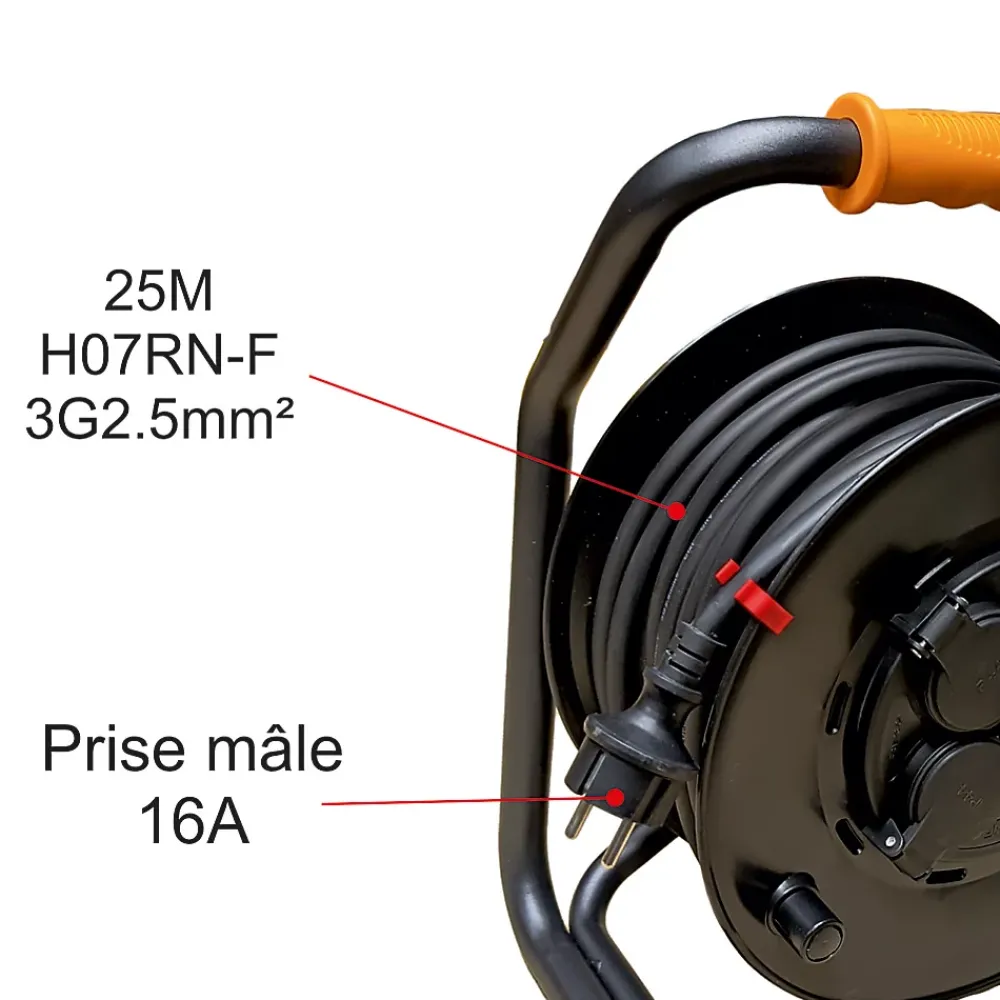 Arcotec Enrouleur Électrique-Enrouleur PRO de chantier 3G2.5 25m IP44 platine fixe (anti twist) - câble H07RN-F- 4 prises 16A - garantie 2 ans