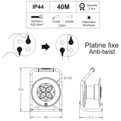 Arcotec Enrouleur PRO de chantier 3G2.5 40m IP44 platine fixe (anti twist) - câble H07RN-F- 4 prises 16A - garantie 2 ans