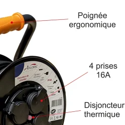 Arcotec Enrouleur PRO de chantier 3G2.5 40m IP44 platine fixe (anti twist) - câble H07RN-F- 4 prises 16A - garantie 2 ans