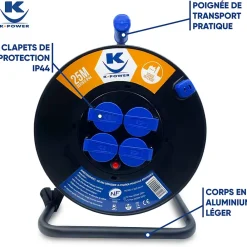 Keli France Enrouleur Pro M 3G2.5 IP44 avec 4 Prises à Clapet pour Usage Intensif en Intérieur & Extérieur