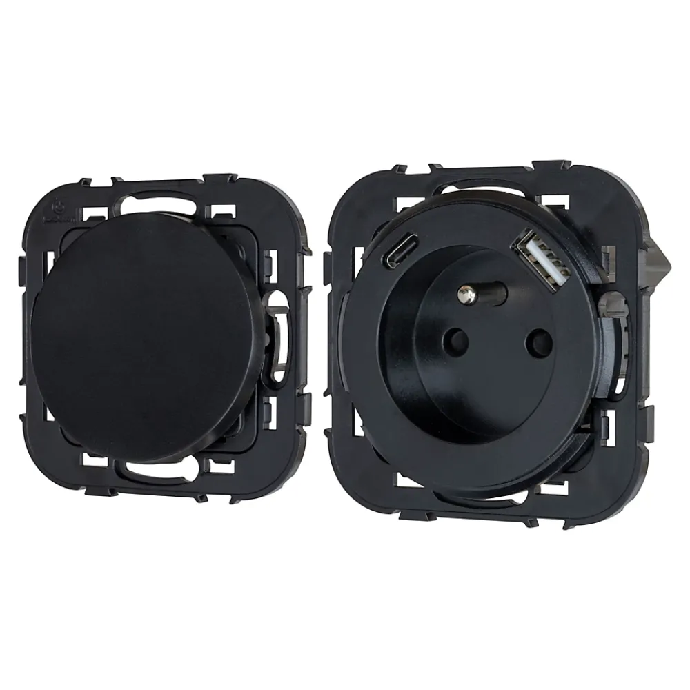 Jacobsen Ensemble double interrupteur + 1 prise avec terre affleurante + 1 prise USB-A+C Espen noir composable