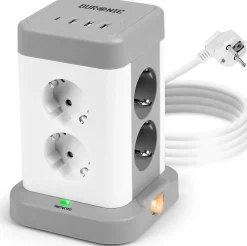 Duronic Multiprise-ET8C Tour multiprise 8 prises 3680W 13A 3x USB-A 1x USB-C Câble 1,8m protection Parasurtenseur protection surtension