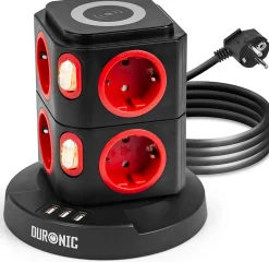 Duronic ET8W Tour multiprise 8 prises 3680W 13A 3x USB recharge sans fil Câble 1,8m Parasurtenseur protection surtension