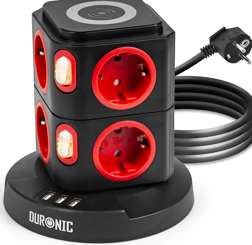 Duronic ET8W Tour multiprise 8 prises 3680W 13A 3x USB recharge sans fil Câble 1,8m Parasurtenseur protection surtension