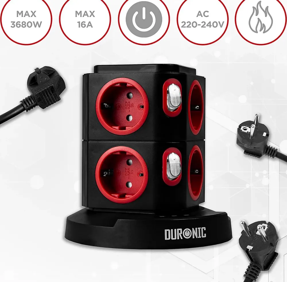 Duronic ET8W Tour multiprise 8 prises 3680W 13A 3x USB recharge sans fil Câble 1,8m Parasurtenseur protection surtension