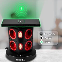 Duronic ET8W Tour multiprise 8 prises 3680W 13A 3x USB recharge sans fil Câble 1,8m Parasurtenseur protection surtension