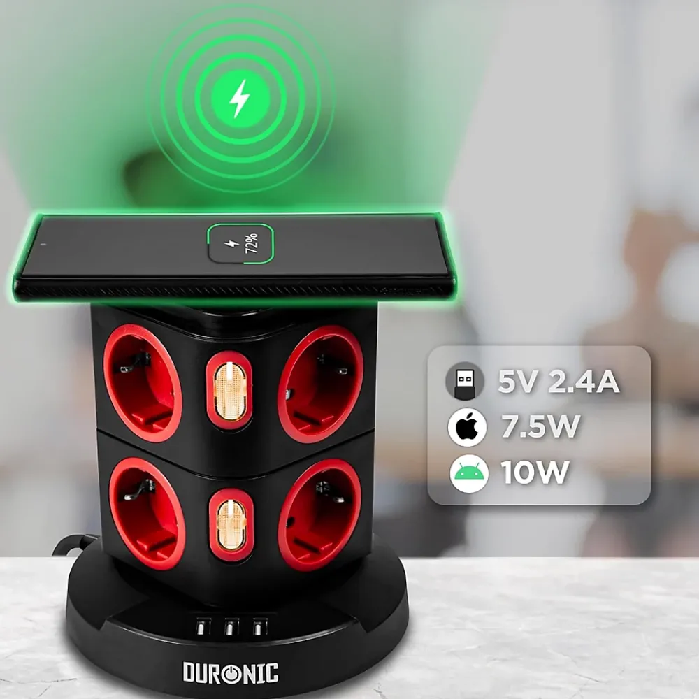 Duronic ET8W Tour multiprise 8 prises 3680W 13A 3x USB recharge sans fil Câble 1,8m Parasurtenseur protection surtension