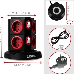Duronic ET8W Tour multiprise 8 prises 3680W 13A 3x USB recharge sans fil Câble 1,8m Parasurtenseur protection surtension