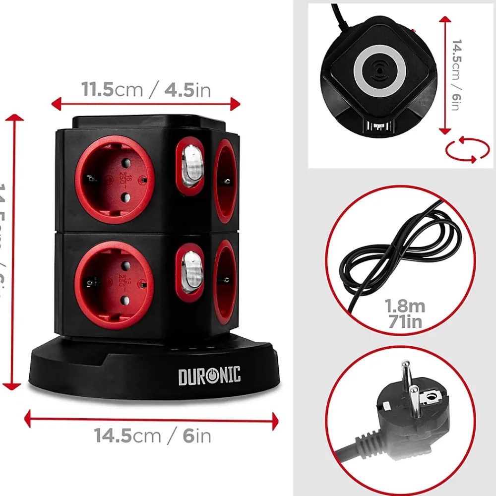 Duronic ET8W Tour multiprise 8 prises 3680W 13A 3x USB recharge sans fil Câble 1,8m Parasurtenseur protection surtension