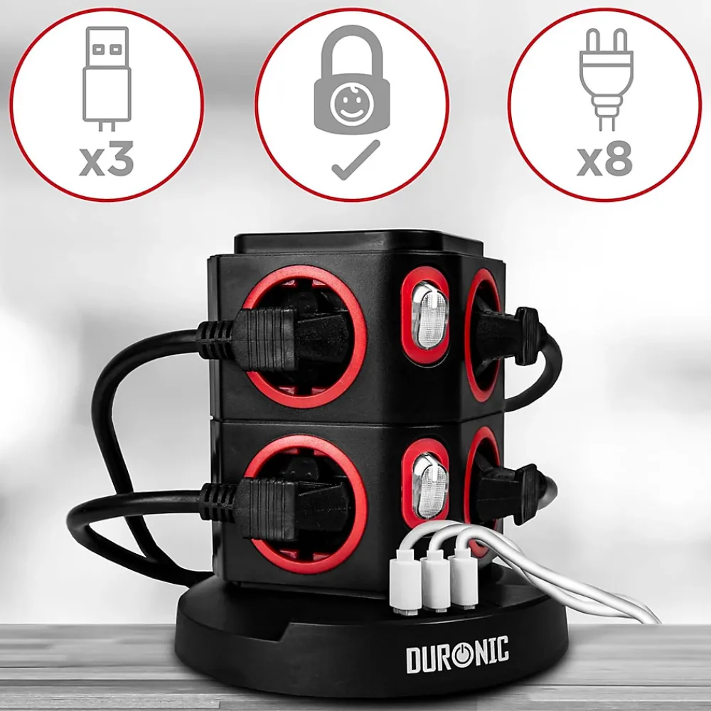 Duronic ET8W Tour multiprise 8 prises 3680W 13A 3x USB recharge sans fil Câble 1,8m Parasurtenseur protection surtension
