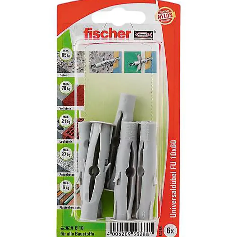 O91 Fischer Cheville universelle FU 10 x 60 K - 6 pièces, nylon et acier, pour béton et matériaux creux