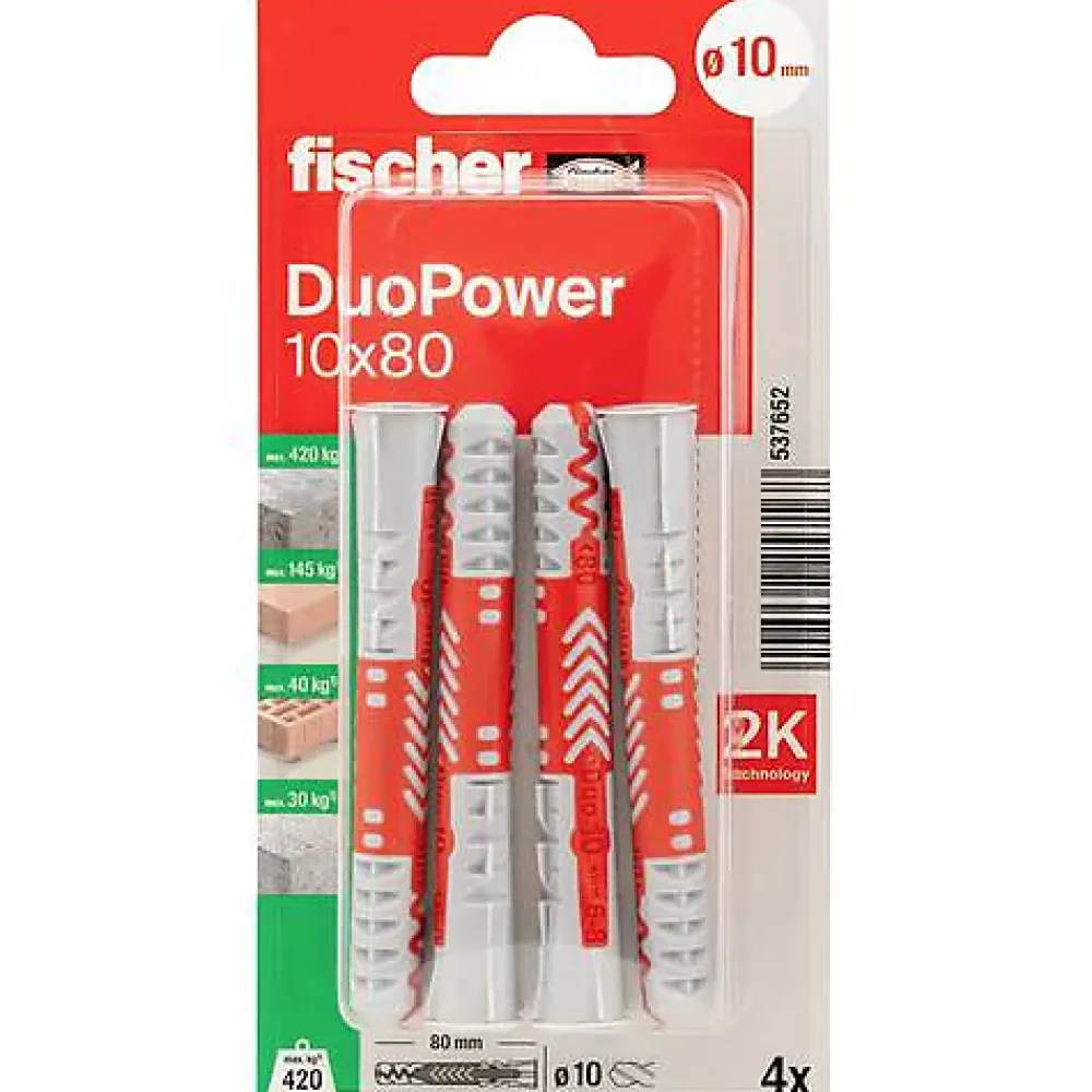 O91 Cheville Pour Plaque De Plâtre-Fischer DuoPower 10 x 80 mm - 4 chevilles nylon universelles pour matériaux creux et pleins